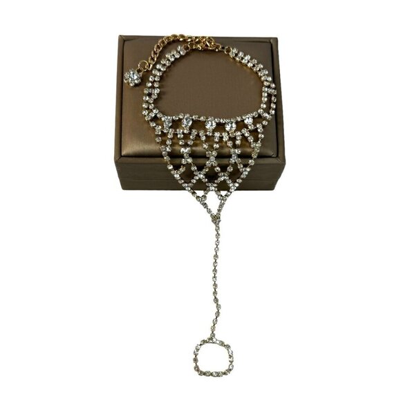 New Gold Chain Mesh Bracelet With Connecting Ring With Rhinestones For Women - Picture 5 of 10